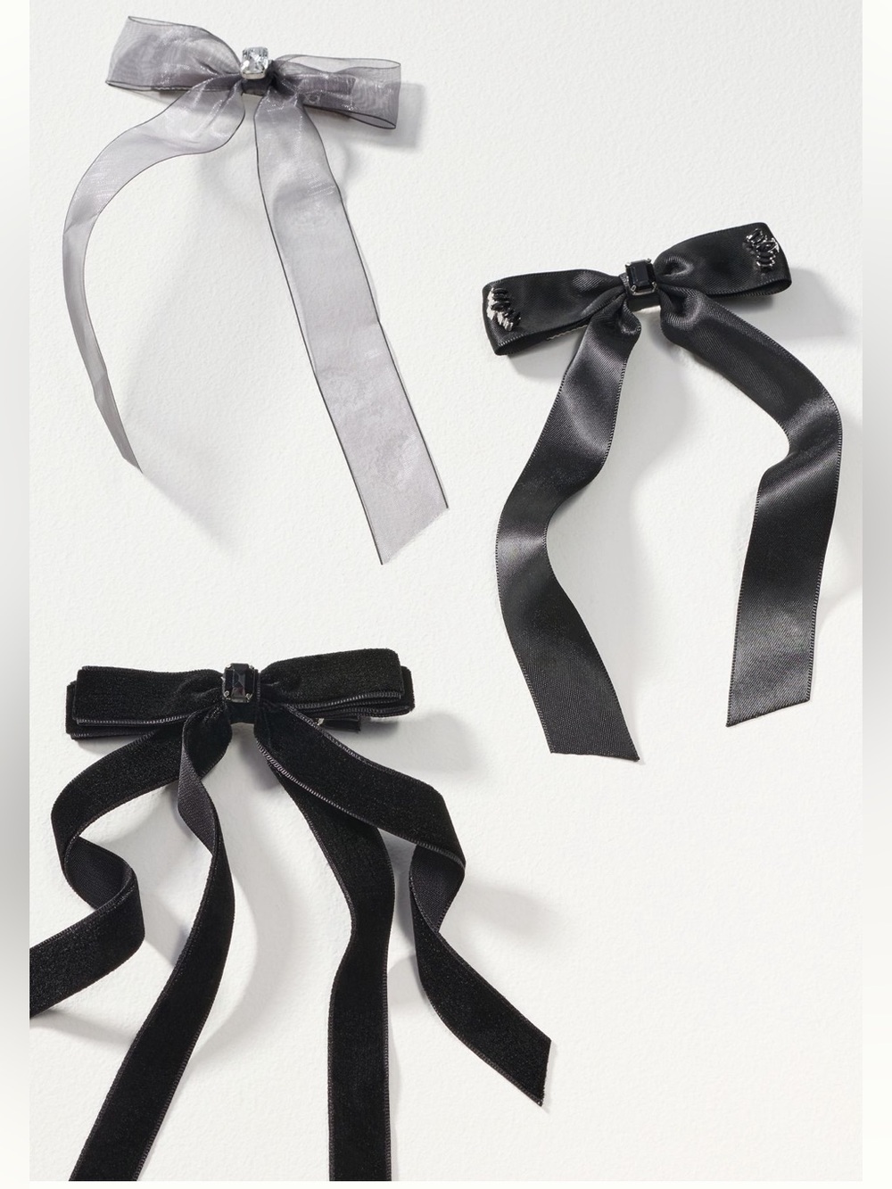 🎀 Anthropologie Black and Gray Ribbon Bow Jewel Velvet Hair Clips - Set of 3